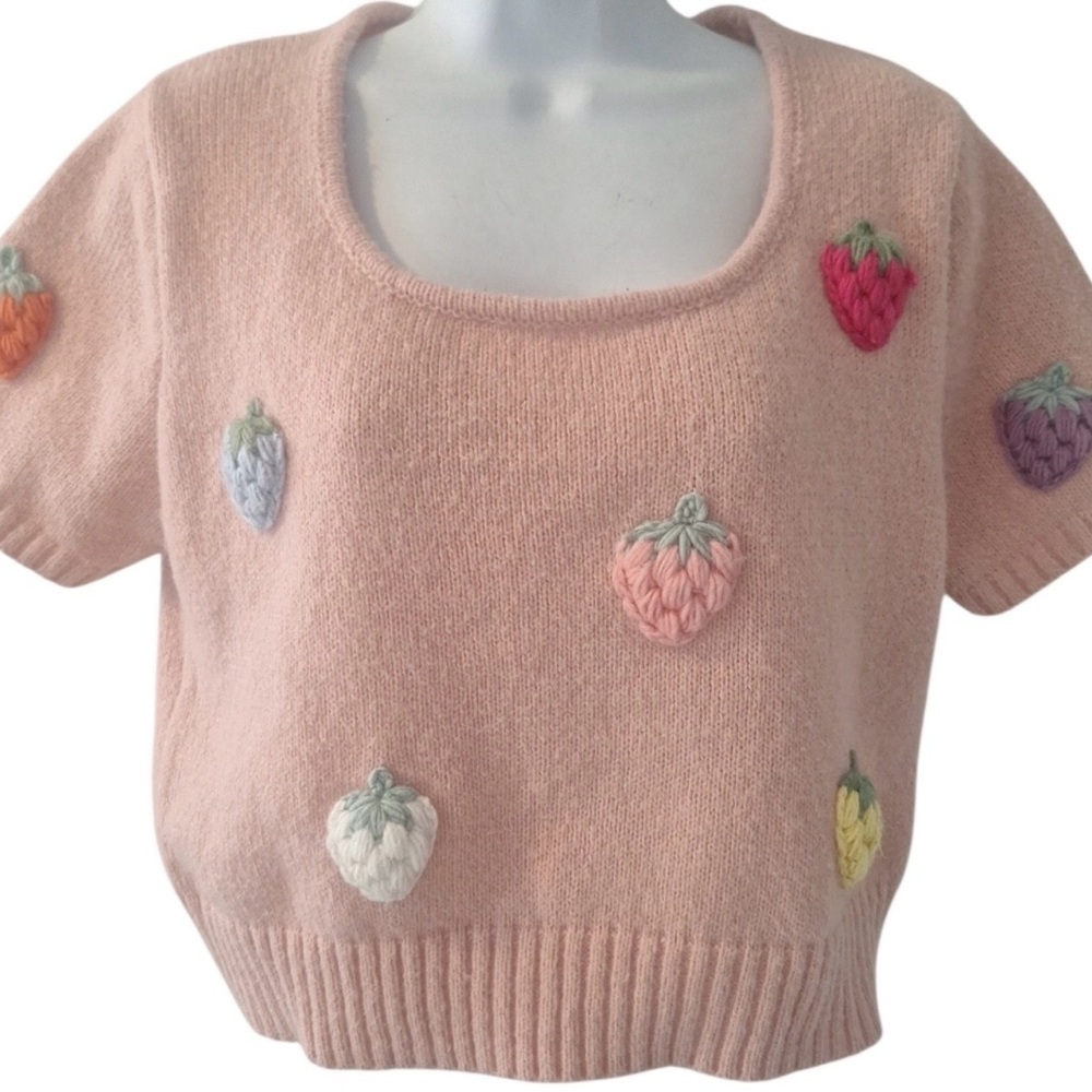 Charming Pink Sweater with Embroidered Strawberries